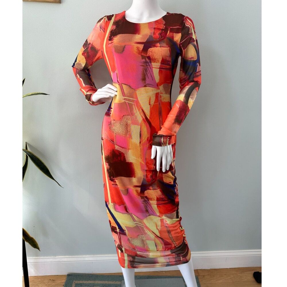 Almost Famous 90s Style Rave Orange Mesh Long Sleeve Bodycon Midi Dress size L